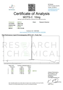 MOTS-c 10mg 3 Research Chemical Certificate of Analysis showing 99.48% purity from MZ Biolabs